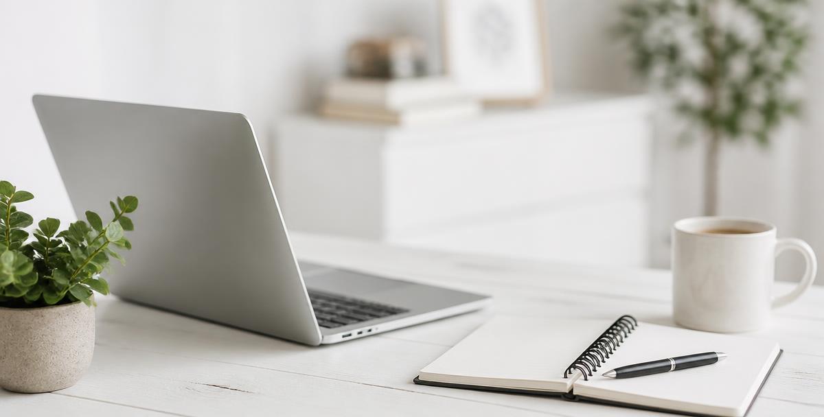 Espacio de trabajo limpio y transparente con una laptop sobre escritorio de madera clara